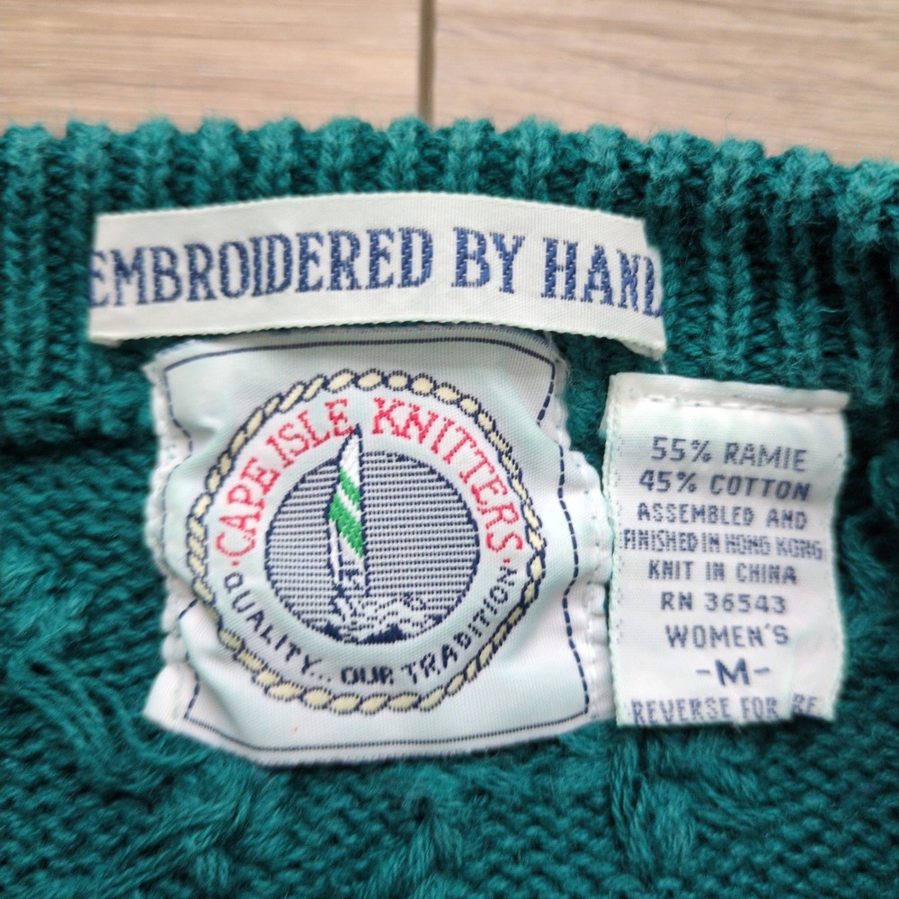 Cape Isle Knitters Floral Embroidered Sweater Teal Green Textured Chunky Cotton - Picture 5 of 8